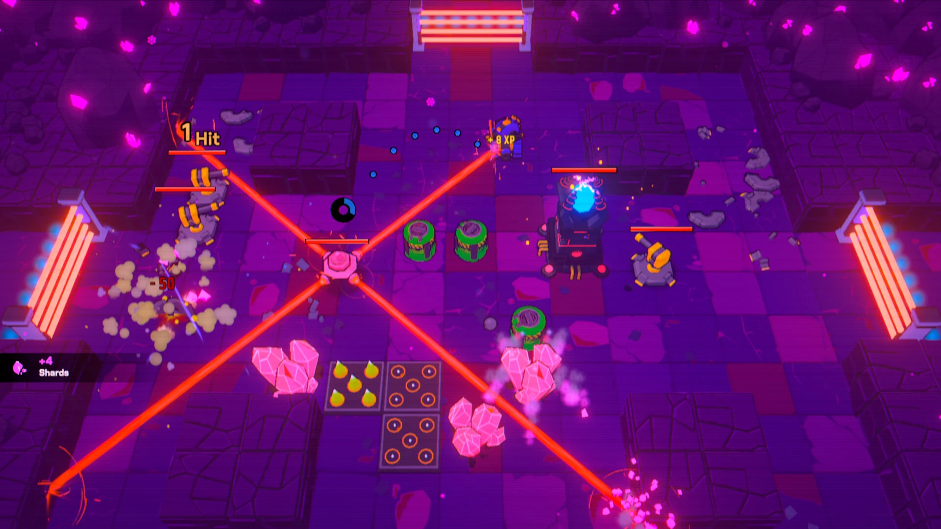 A hero tank clearing a room of Null Core drones.